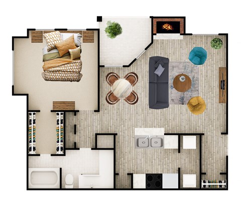 Floor plan for 1 bed, 1 bath, 840 sqft